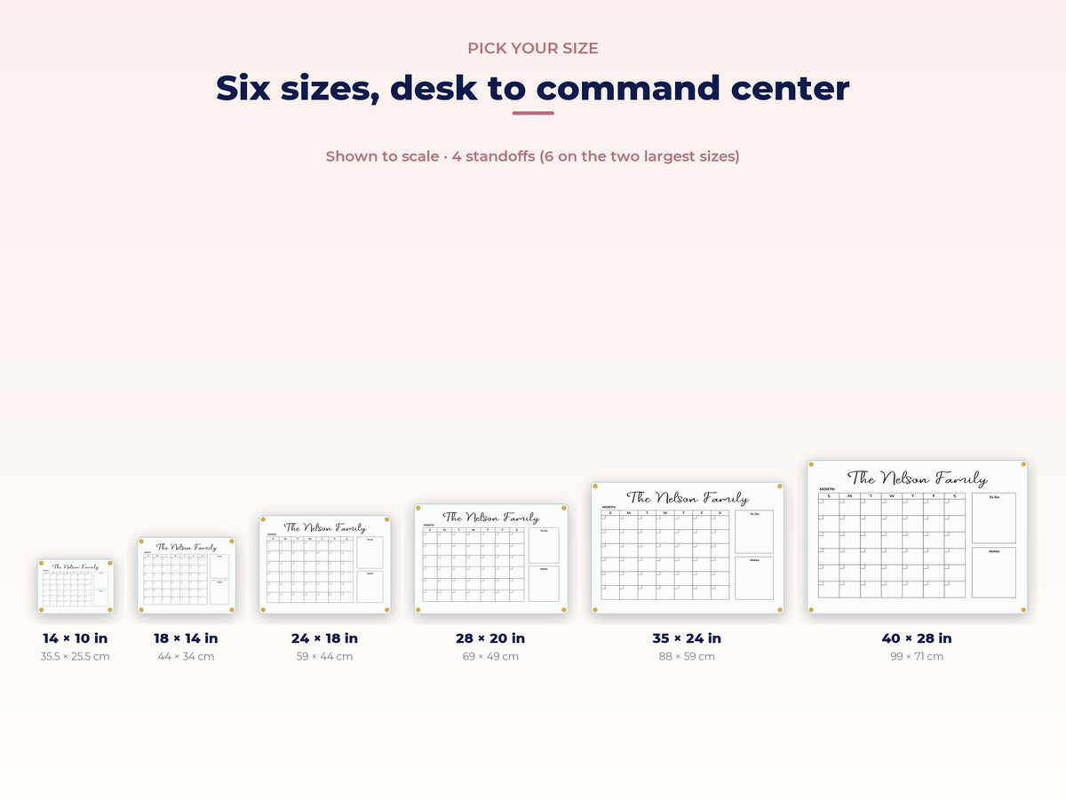 Six planner sizes shown to scale, 14x10 to 40x28 inches