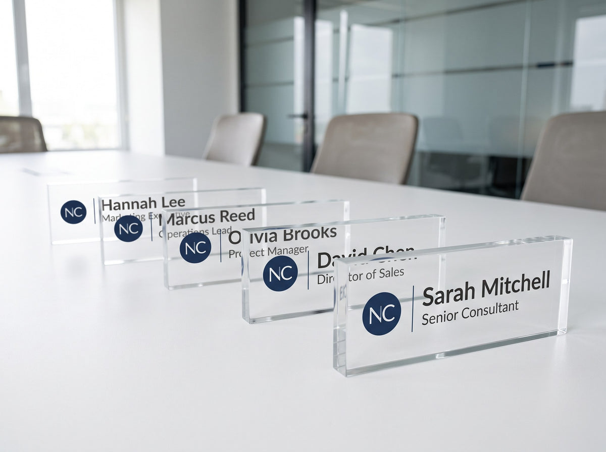 Matching acrylic name plates for a whole team lined up on a conference table