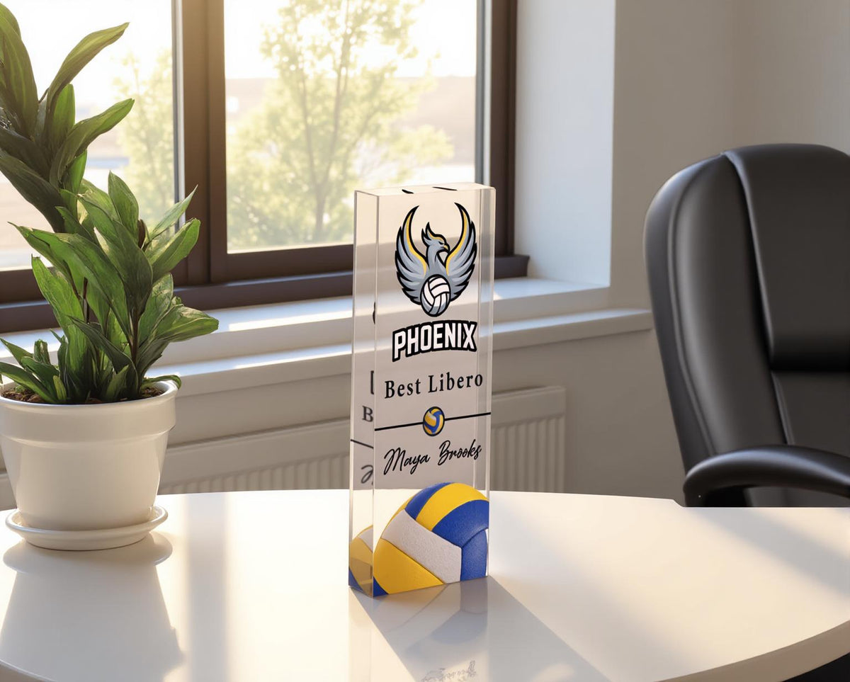 Custom acrylic volleyball award on a table by a sunny window