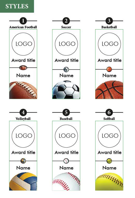 Six sport designs: football, soccer, basketball, volleyball, baseball and softball