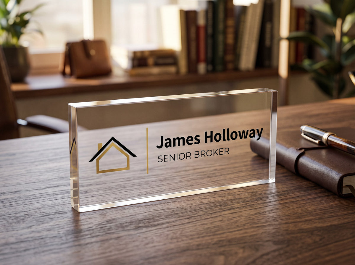 Acrylic desk name plate with realtor logo and name on a walnut executive desk