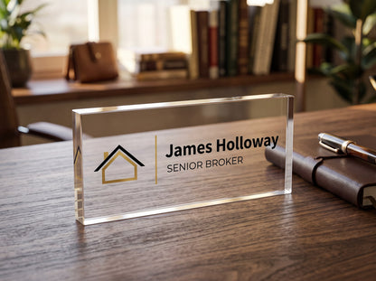 Acrylic desk name plate with realtor logo and name on a walnut executive desk