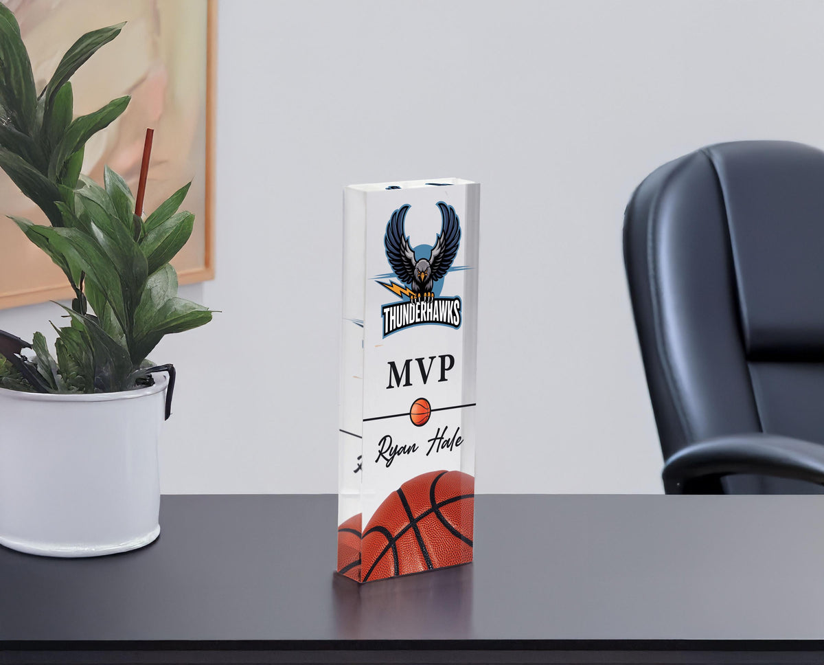 Personalized acrylic basketball trophy with MVP award title