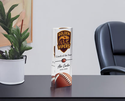 Personalized acrylic football trophy with Coach of the Year award title