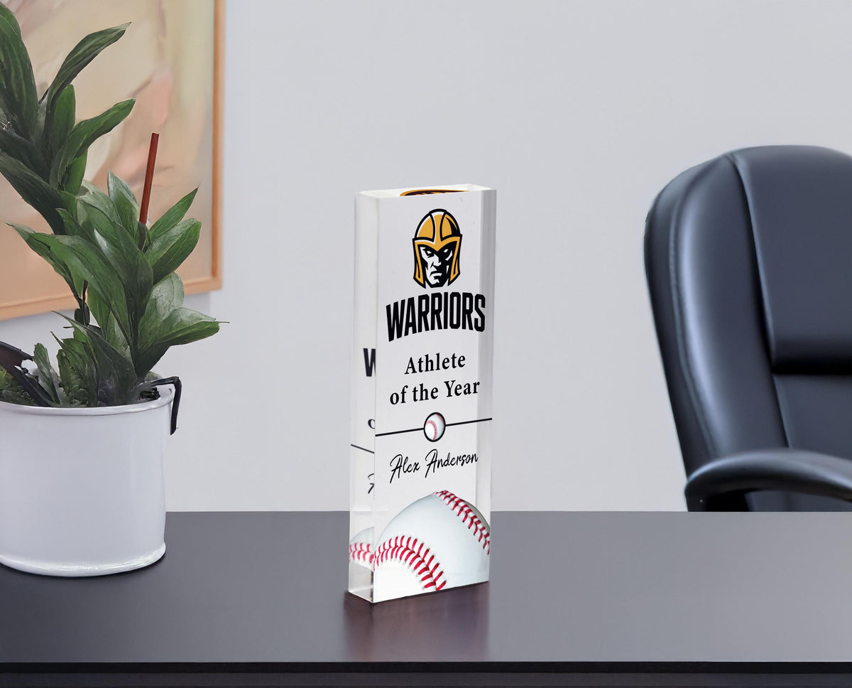 Personalized acrylic baseball trophy with Athlete of the Year award title