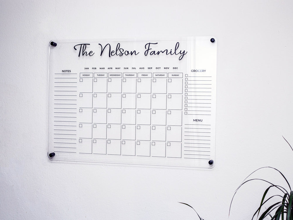 Acrylic monthly planner with black 3D title, notes, grocery and menu sections