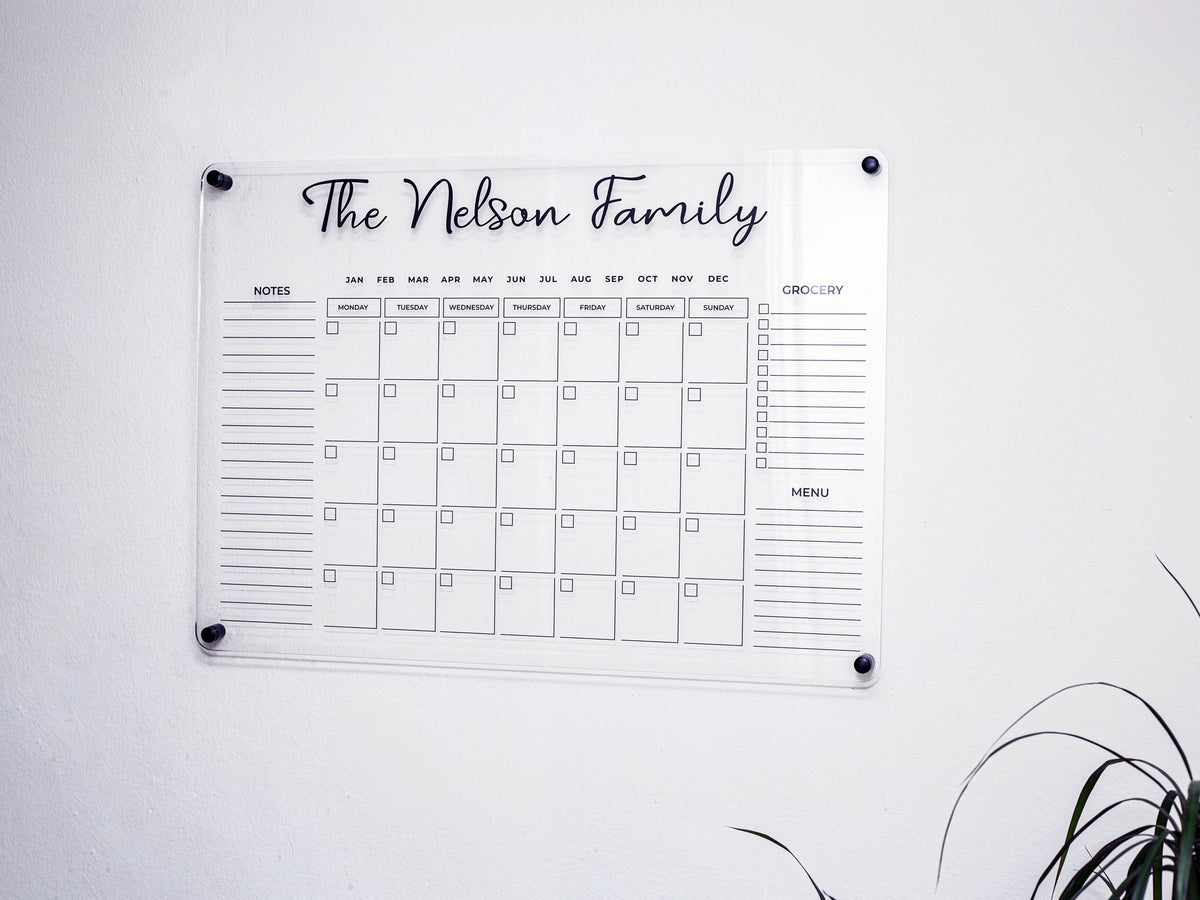 Acrylic monthly planner with black 3D title, notes, grocery and menu sections