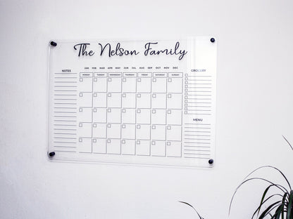 Acrylic monthly planner with black 3D title, notes, grocery and menu sections