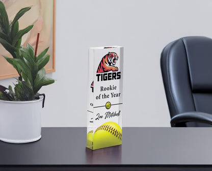 Personalized acrylic softball trophy with Rookie of the Year award title