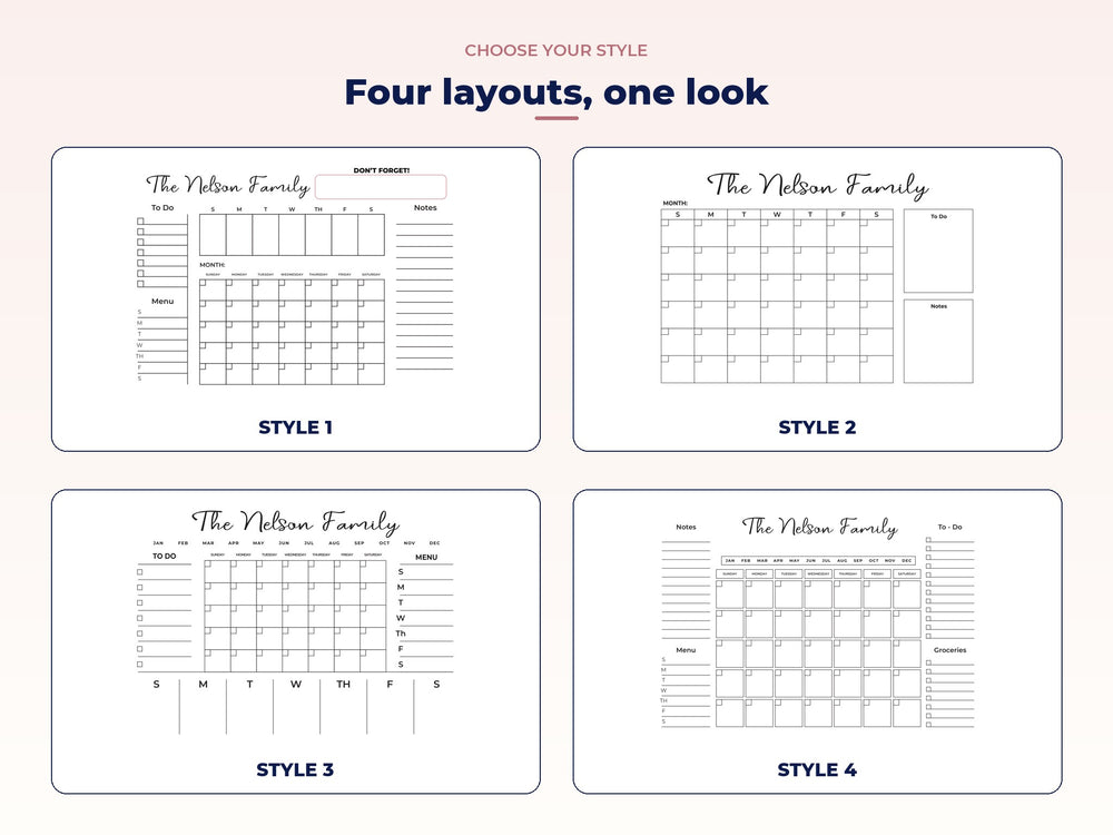 Four planner layouts: weekly strip, big grid, month bar and four lists