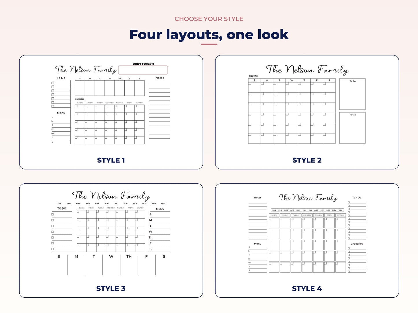 Four planner layouts: weekly strip, big grid, month bar and four lists