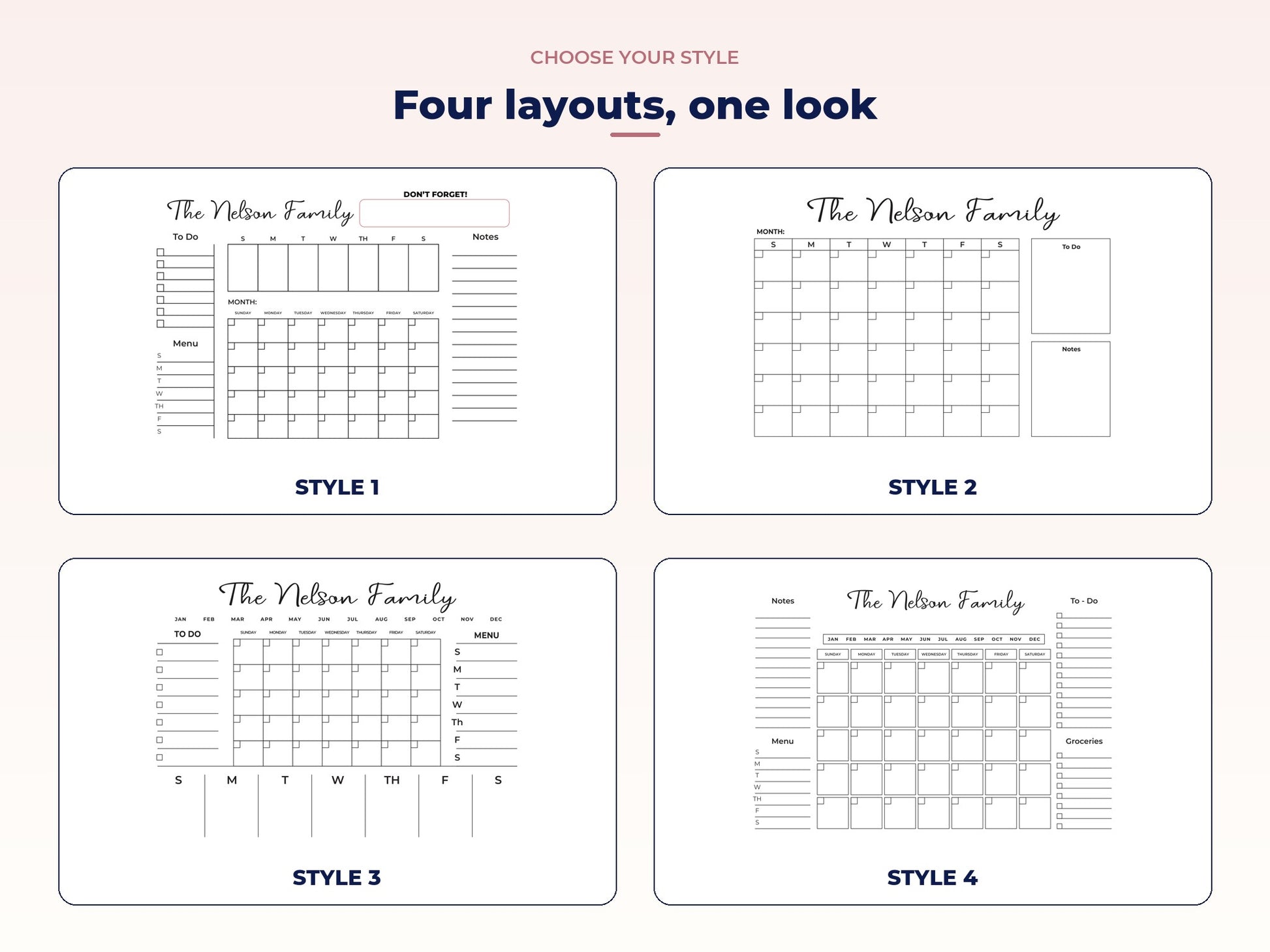 Four planner layouts: weekly strip, big grid, month bar and four lists