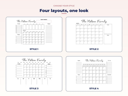 Four planner layouts: weekly strip, big grid, month bar and four lists