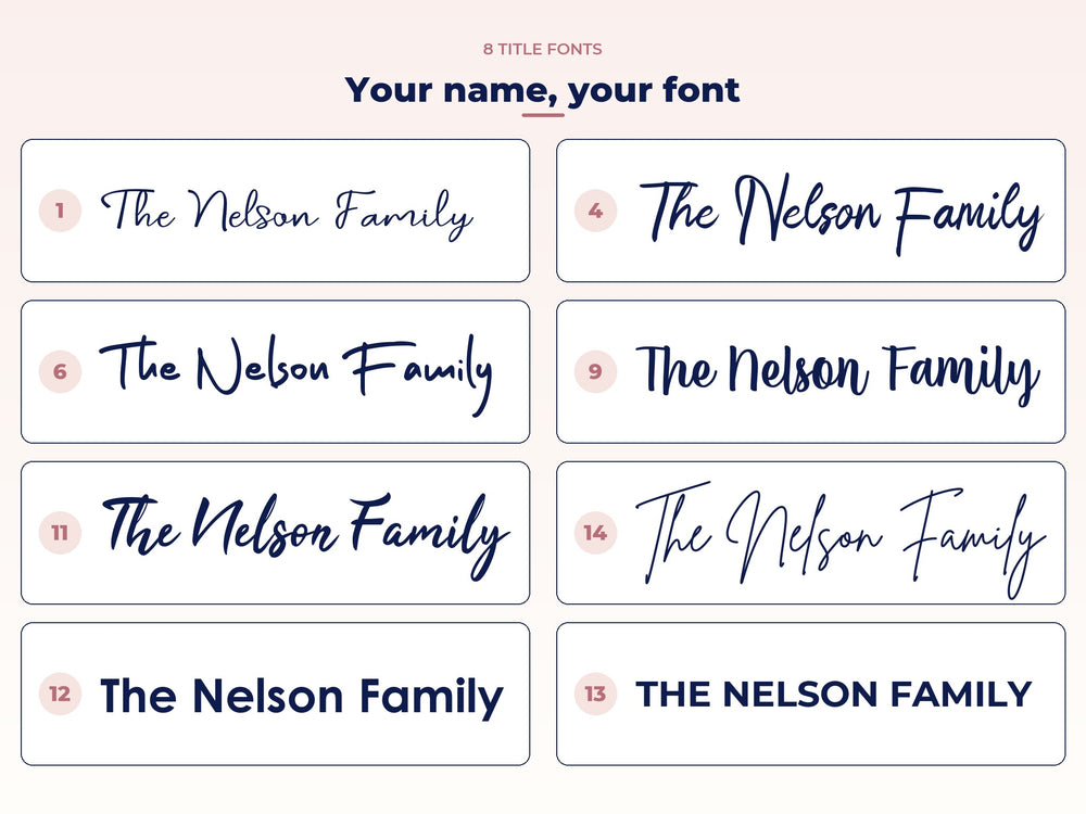Eight title fonts for the 3D or printed family name