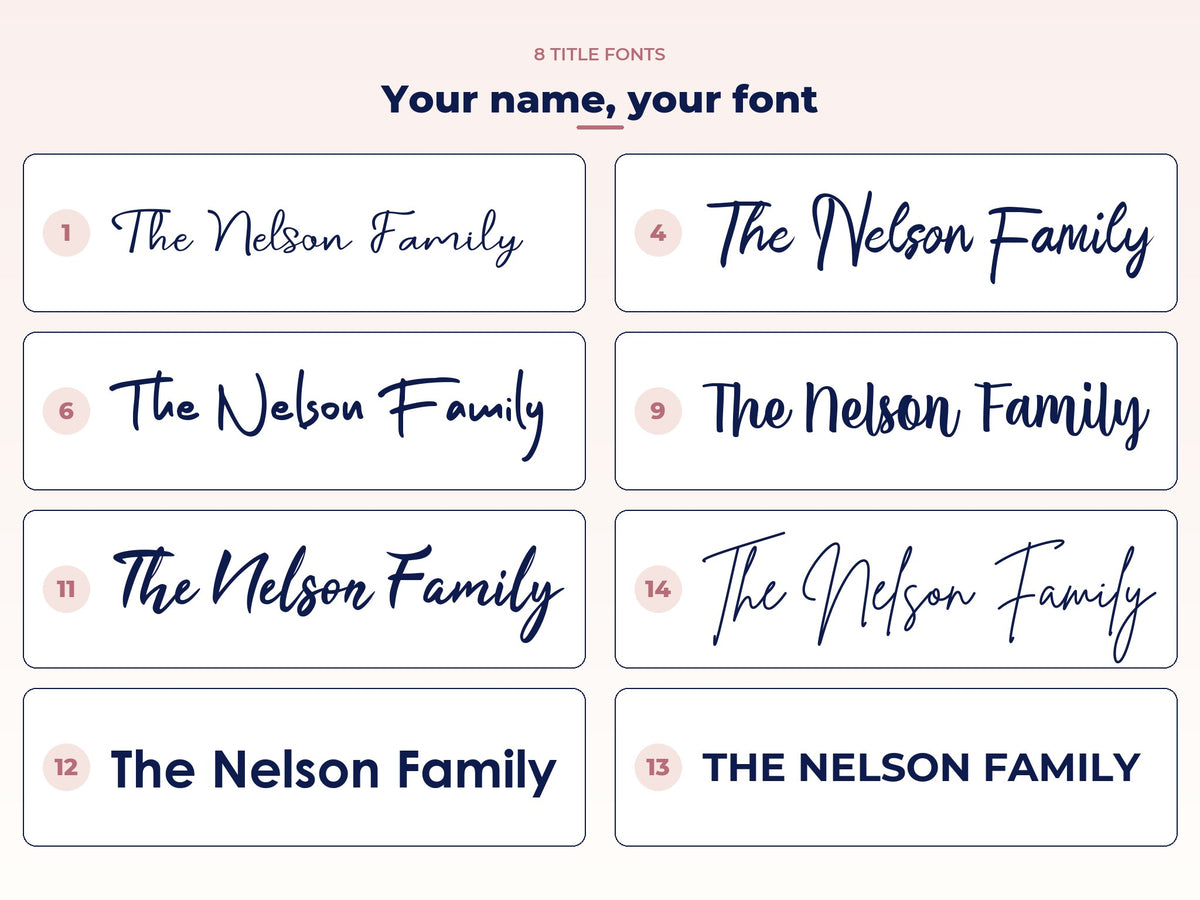 Eight title fonts for the 3D or printed family name