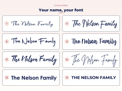 Eight title fonts for the 3D or printed family name