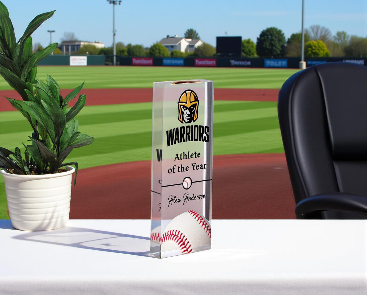 Acrylic baseball trophy with a ballpark in the background