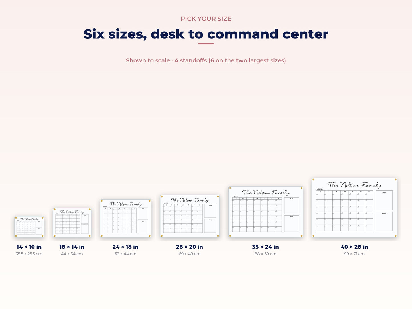 Six planner sizes shown to scale, 14x10 to 40x28 inches
