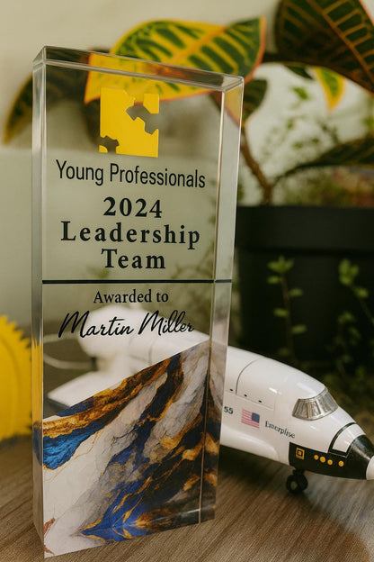 Acrylic 2024 Leadership Team award with blue and gold marble base